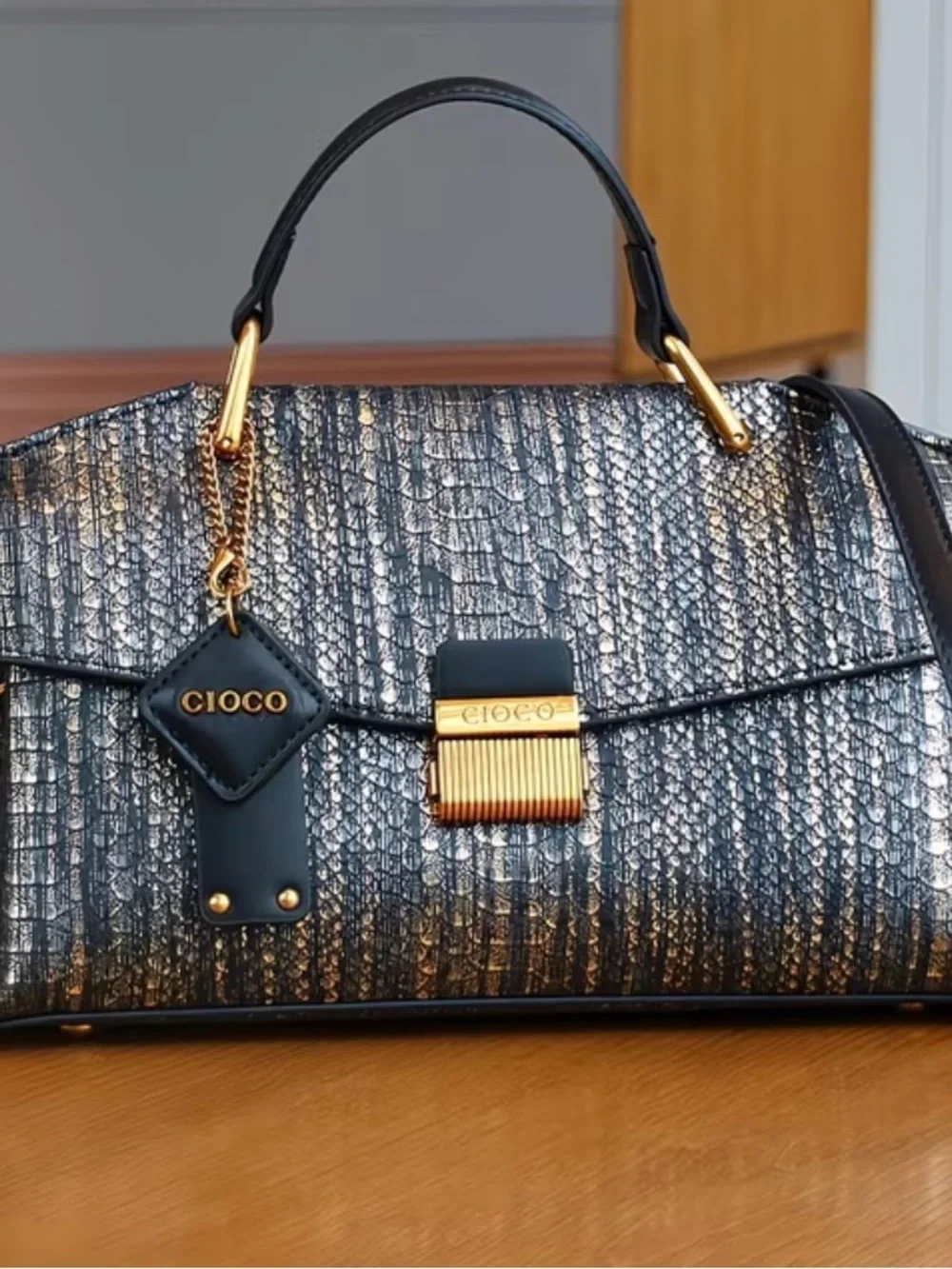 Textured Black and Gold Top-Handle Women’s Bag